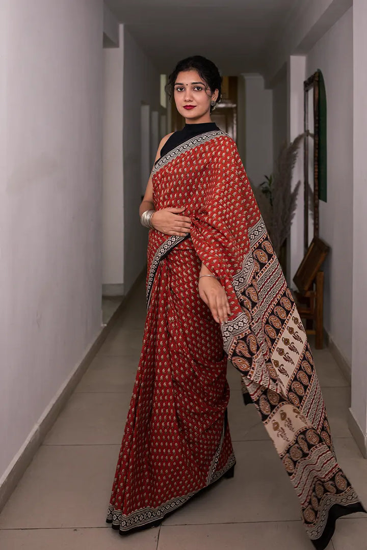 Ruby Red - Hand Block Print Mulmul Cotton Bagru Saree