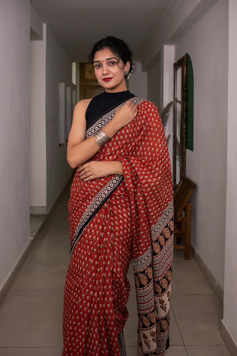 Ruby Red - Hand Block Print Mulmul Cotton Bagru Saree