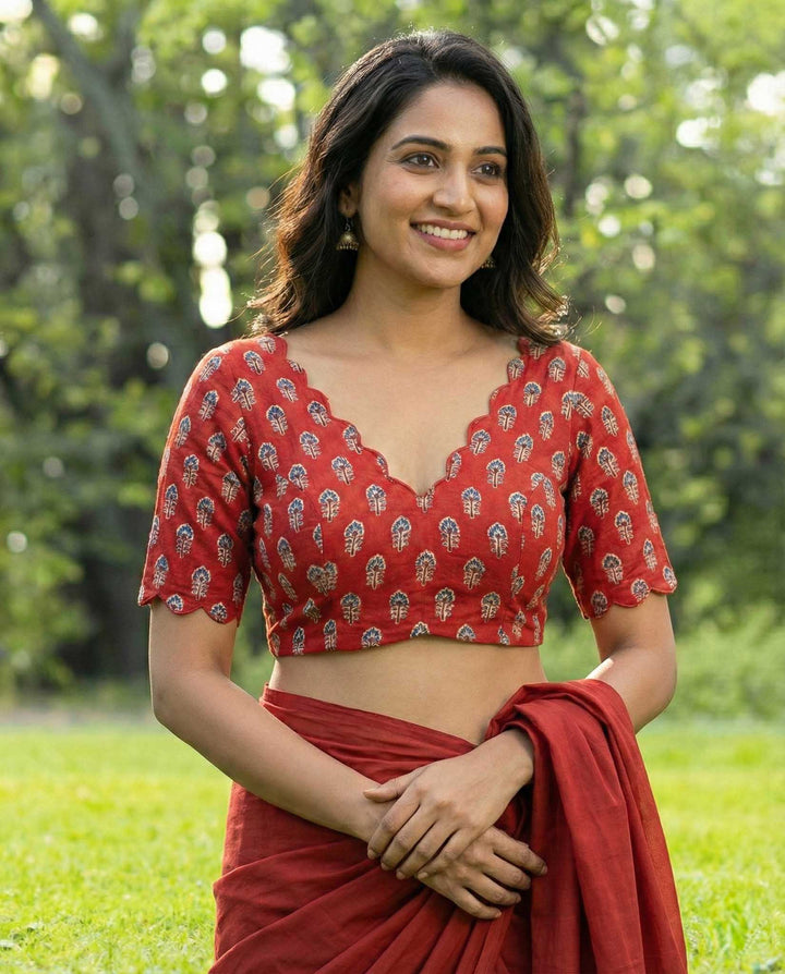 Easy Going Red Cotton V Neck Scallop Blouse