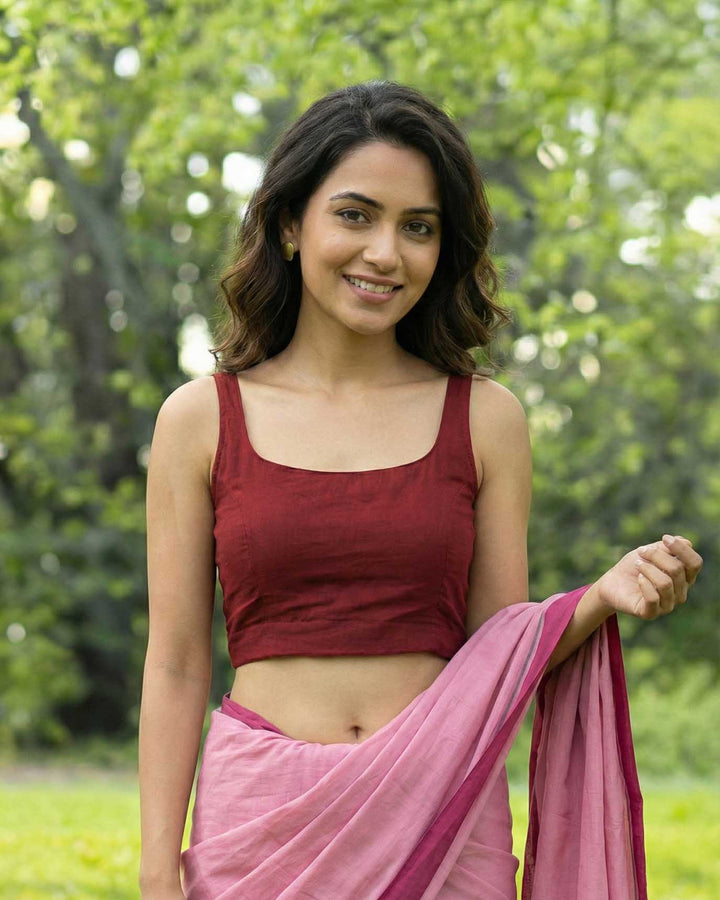 Maroon Cotton Sleeveless Readymade Blouse with U neck