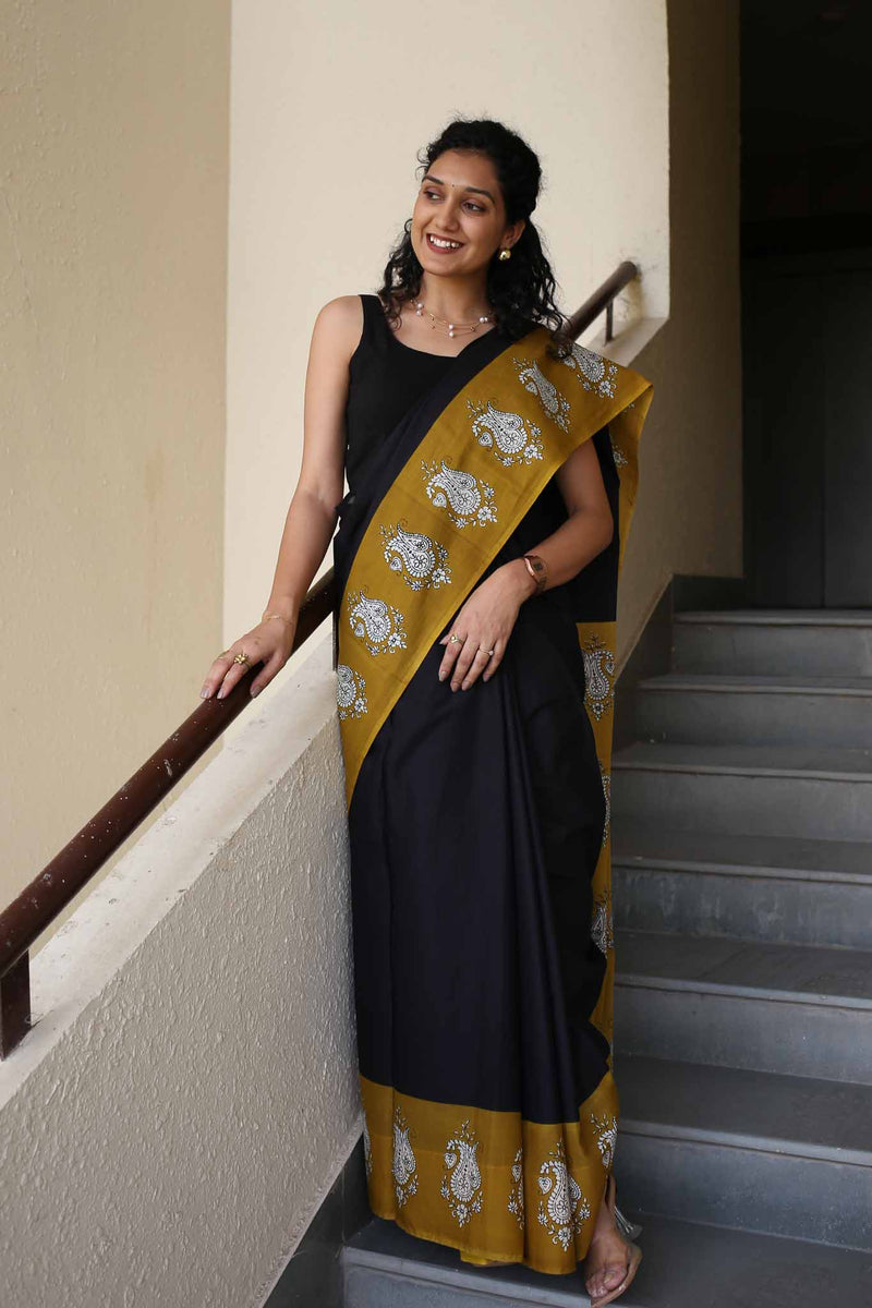 Half Sun Hand Block Print Mulmul Cotton Saree