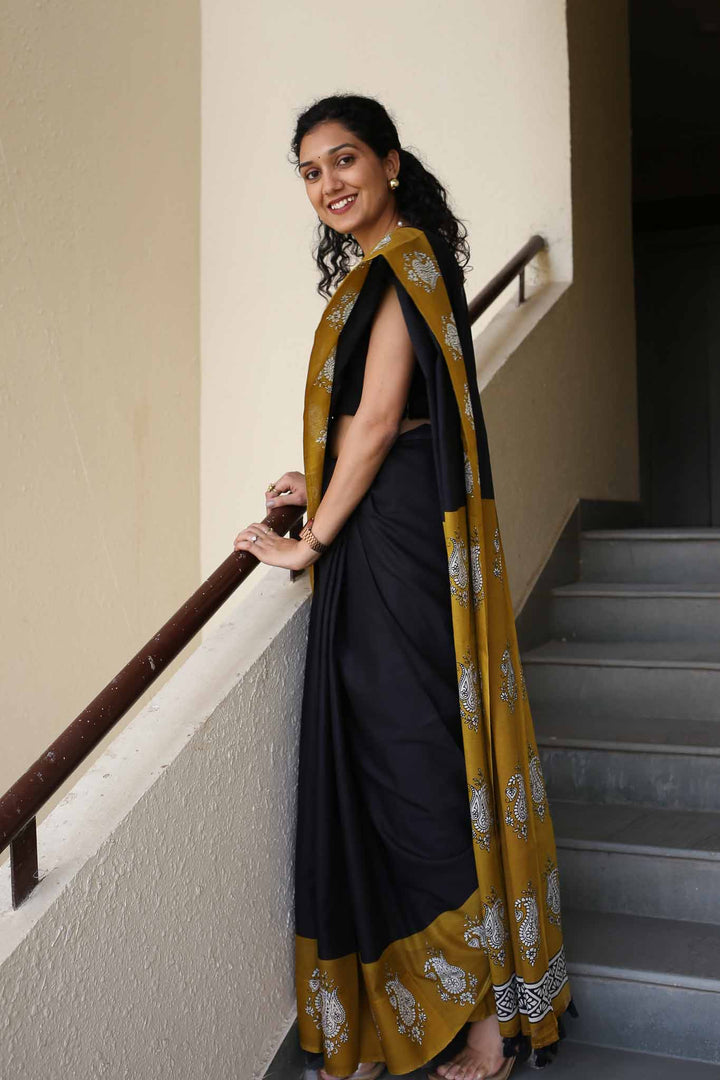 Half Sun Hand Block Print Mulmul Cotton Saree