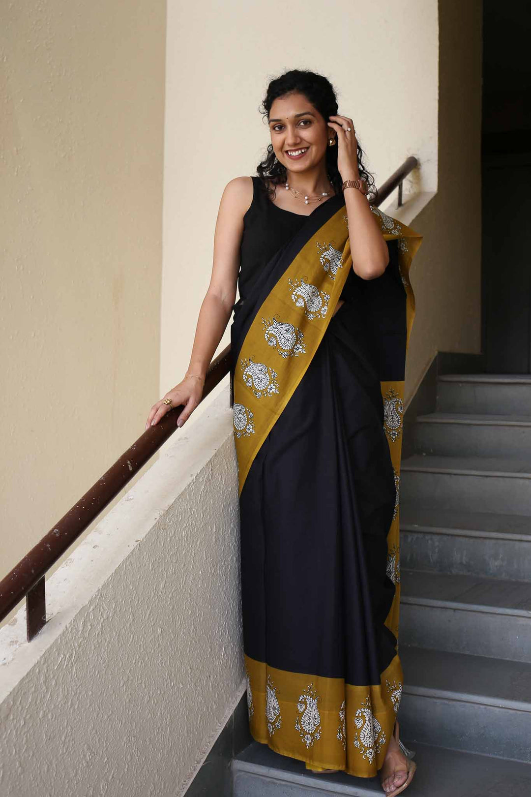 Half Sun Hand Block Print Mulmul Cotton Saree