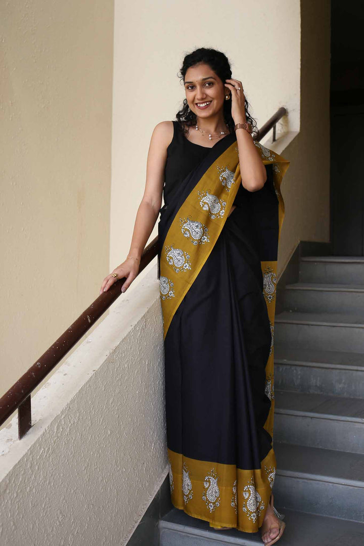 Half Sun Hand Block Print Mulmul Cotton Saree