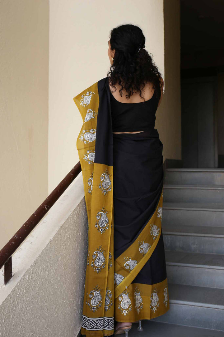 Half Sun Hand Block Print Mulmul Cotton Saree