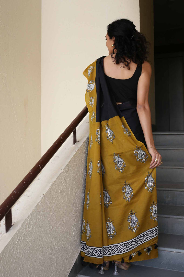 Half Sun Hand Block Print Mulmul Cotton Saree