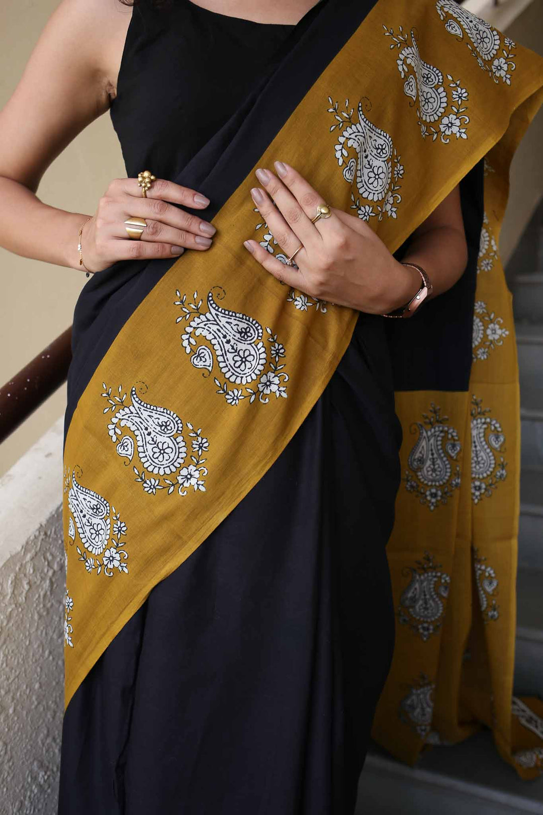Half Sun Hand Block Print Mulmul Cotton Saree
