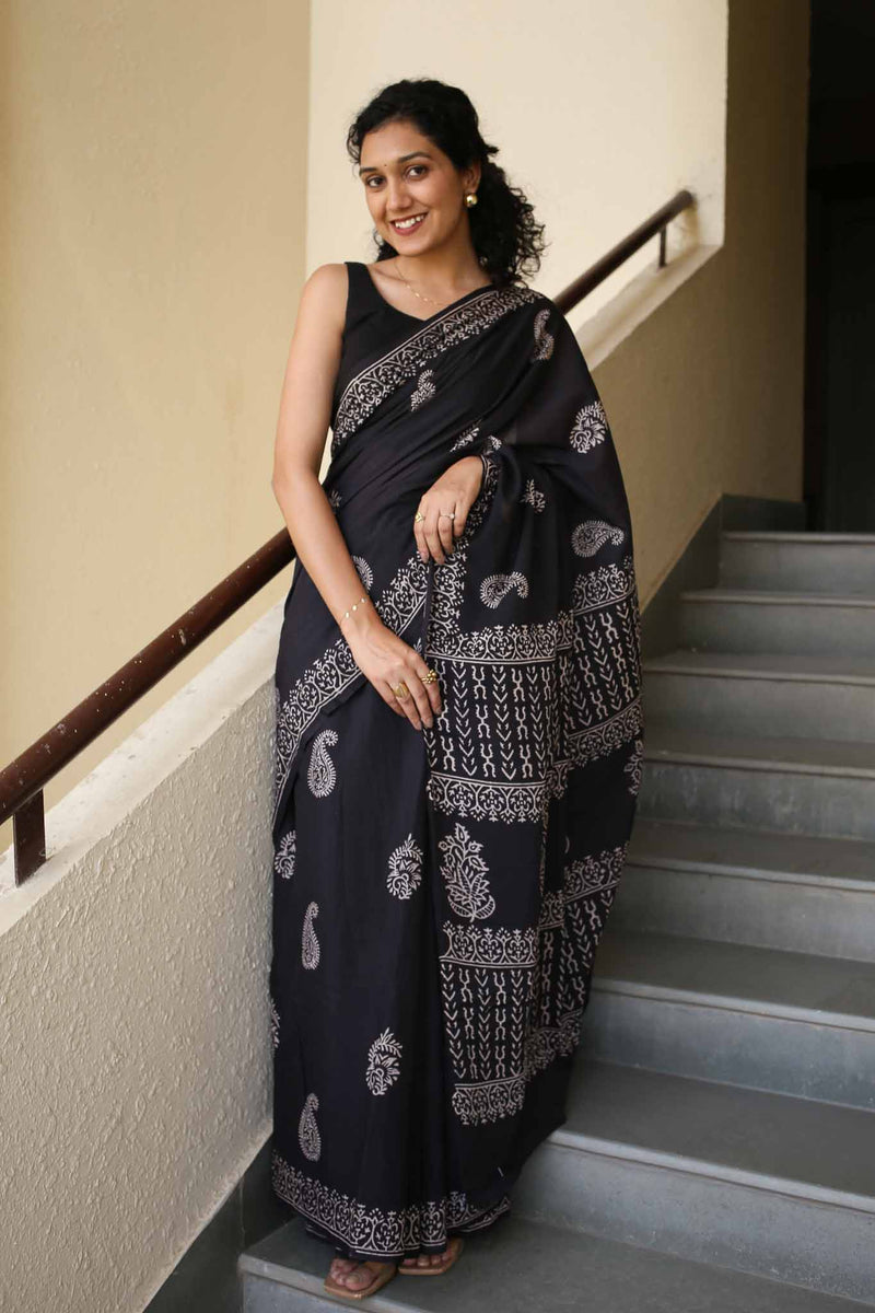 Black Always Hand Block Print Mulmul Cotton Saree