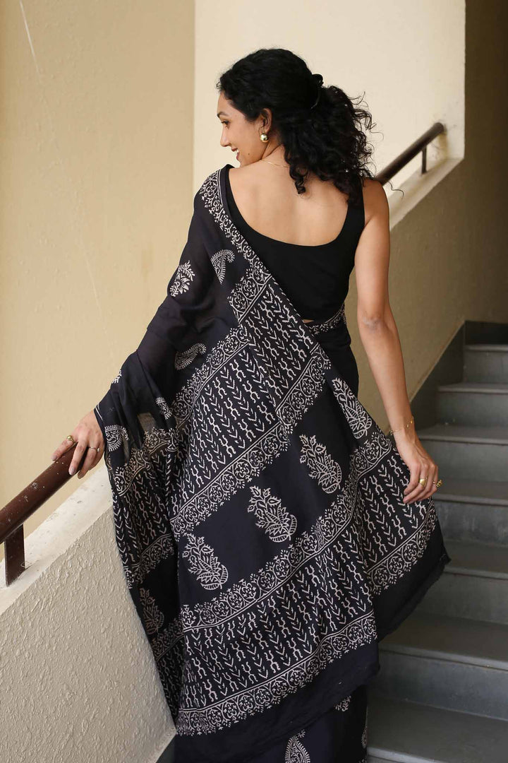 Black Always Hand Block Print Mulmul Cotton Saree