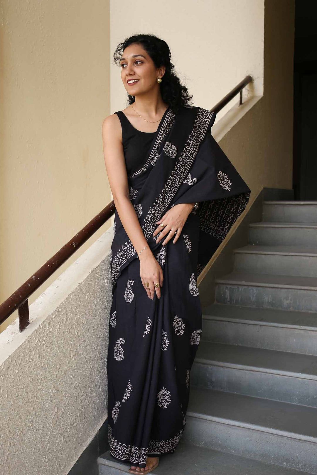 Black Always Hand Block Print Mulmul Cotton Saree
