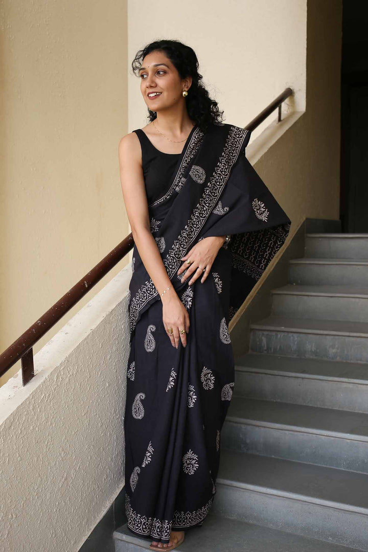 Black Always Hand Block Print Mulmul Cotton Saree