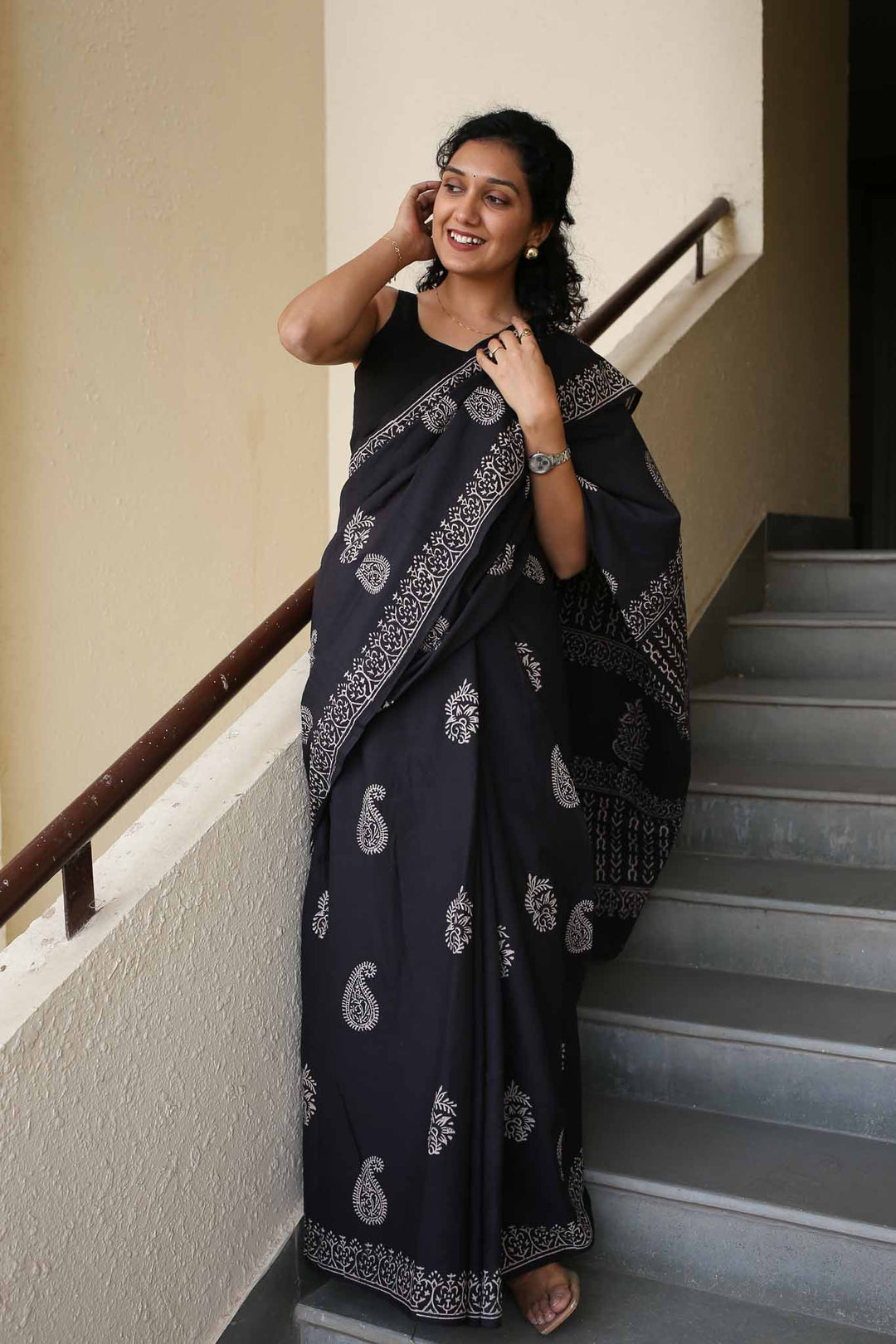 Black Always Hand Block Print Mulmul Cotton Saree