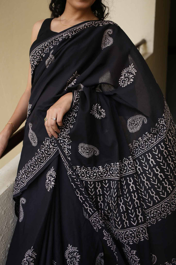 Black Always Hand Block Print Mulmul Cotton Saree