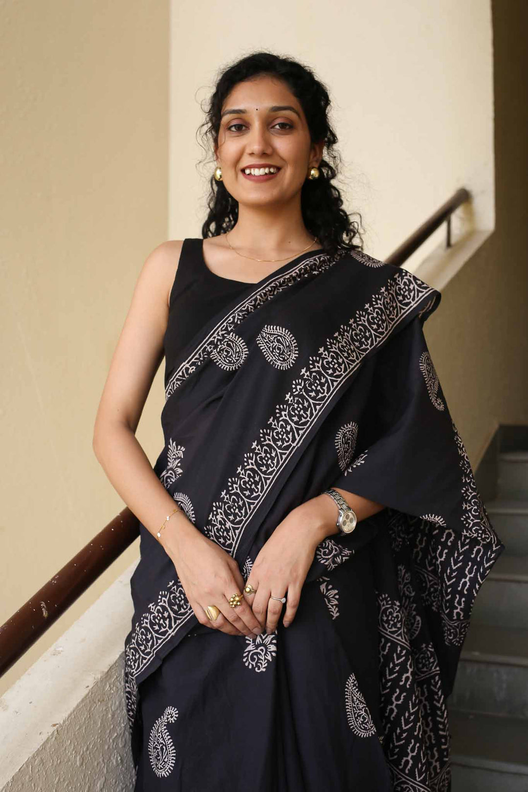 Black Always Hand Block Print Mulmul Cotton Saree