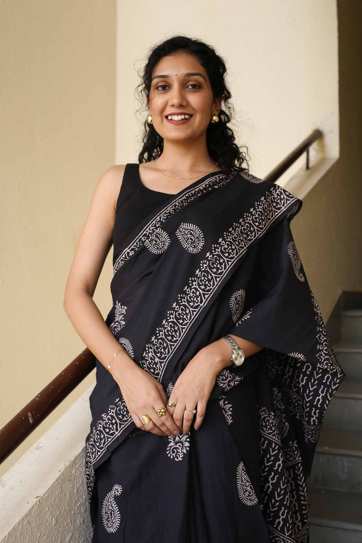 Black Always Hand Block Print Mulmul Cotton Saree