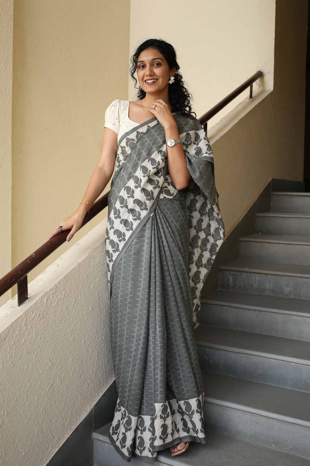 Rainy Mornings Hand Block Print Mulmul Cotton Saree