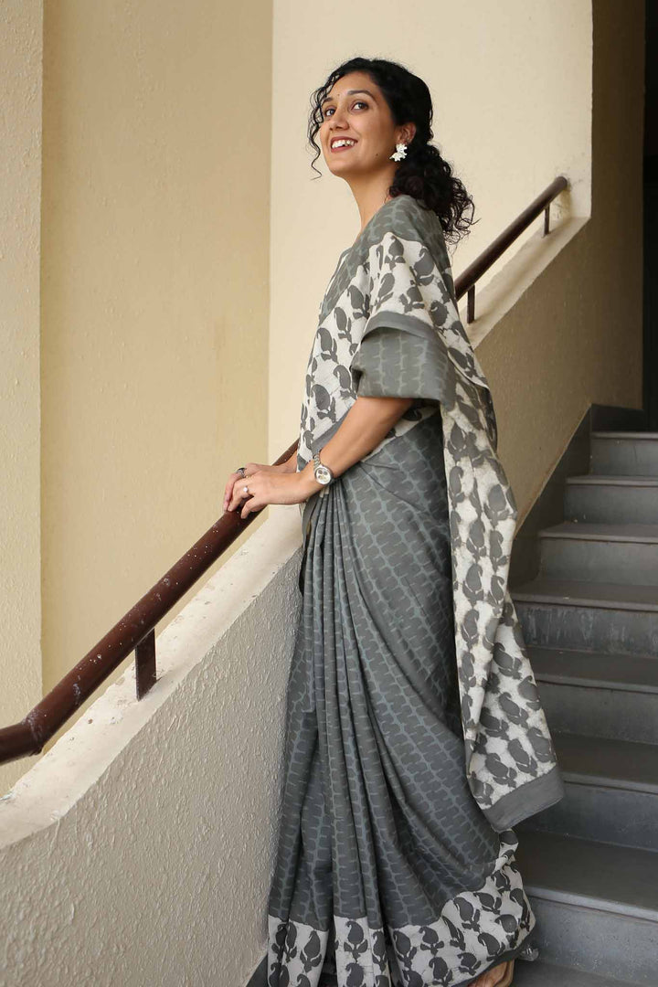 Rainy Mornings Hand Block Print Mulmul Cotton Saree