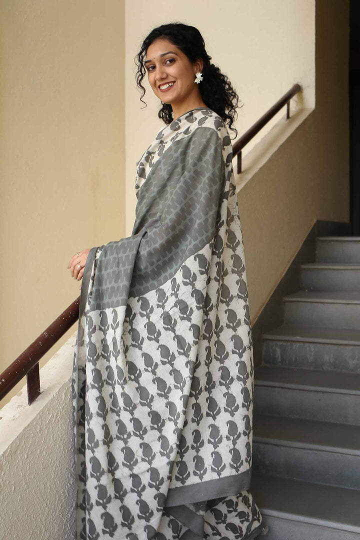 Rainy Mornings Hand Block Print Mulmul Cotton Saree
