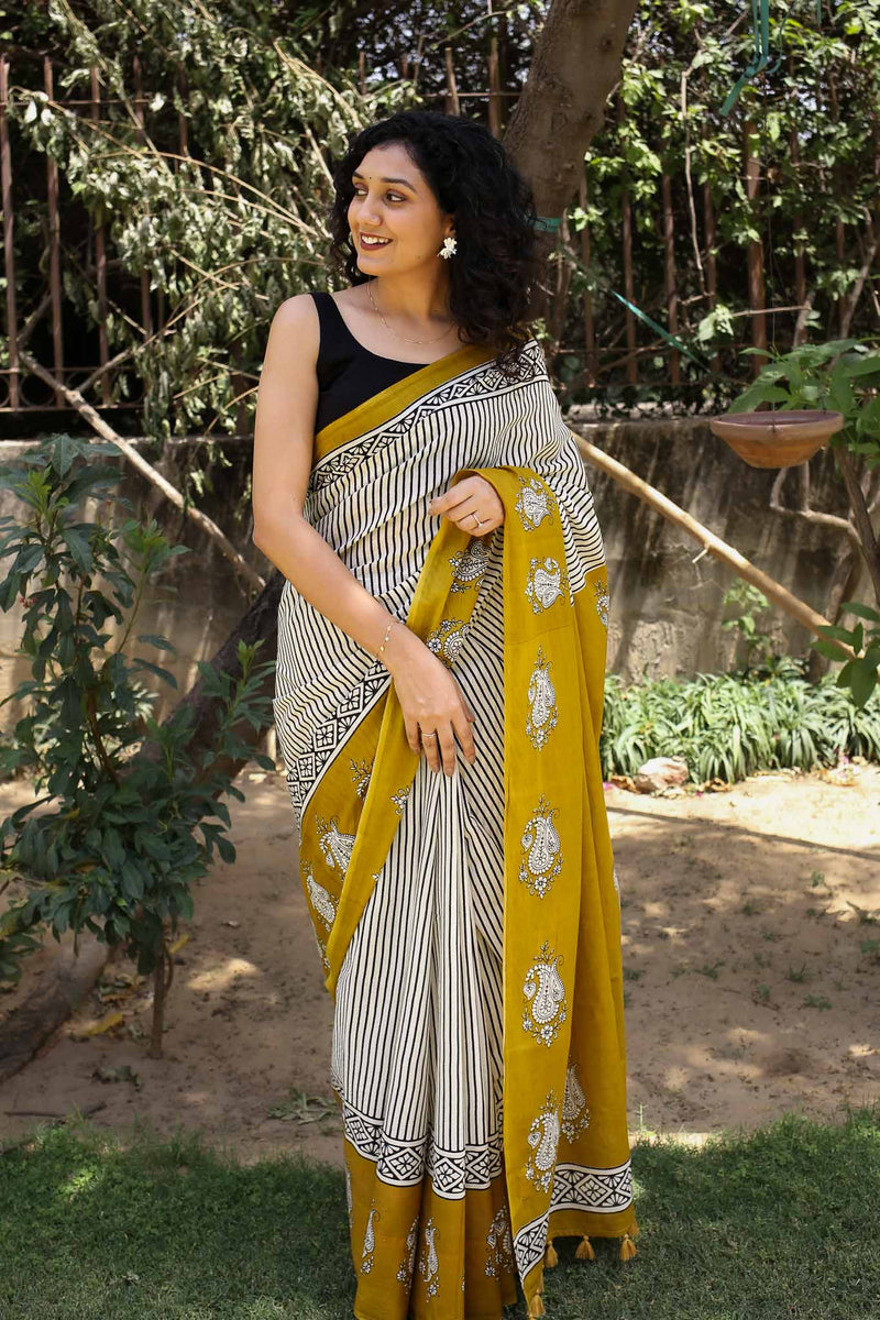 Sun n stripes Hand Block Print Mulmul Cotton Saree