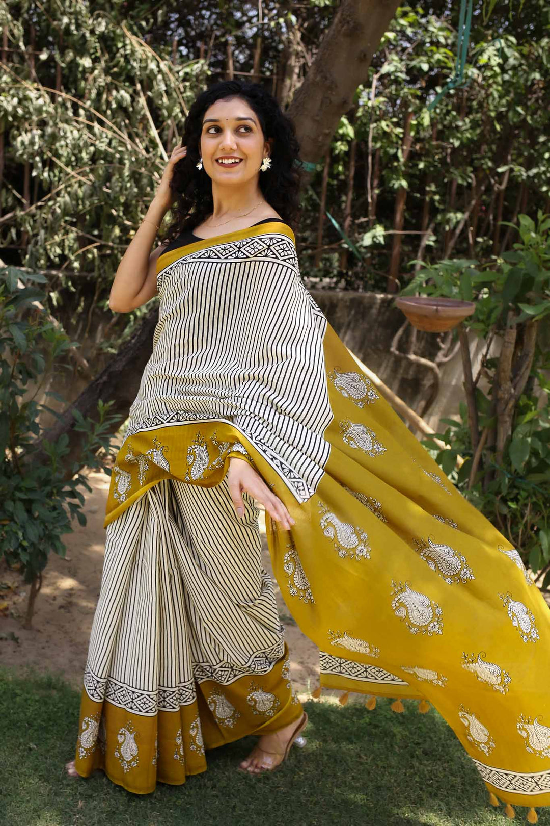 Sun n stripes Hand Block Print Mulmul Cotton Saree