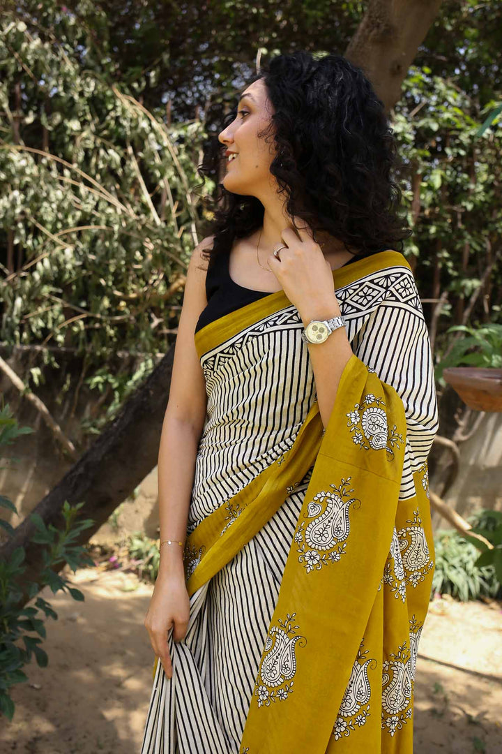 Sun n stripes Hand Block Print Mulmul Cotton Saree