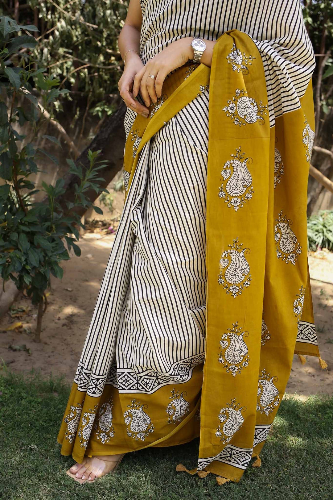 Sun n stripes Hand Block Print Mulmul Cotton Saree