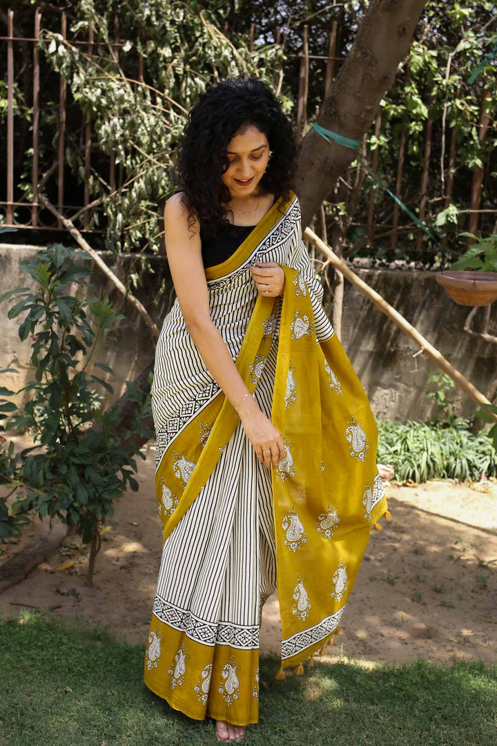 Sun n stripes Hand Block Print Mulmul Cotton Saree