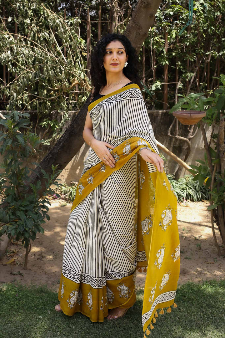 Sun n stripes Hand Block Print Mulmul Cotton Saree