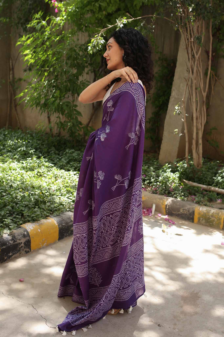 Feels like Purple Hand Block Print Mulmul Cotton Saree