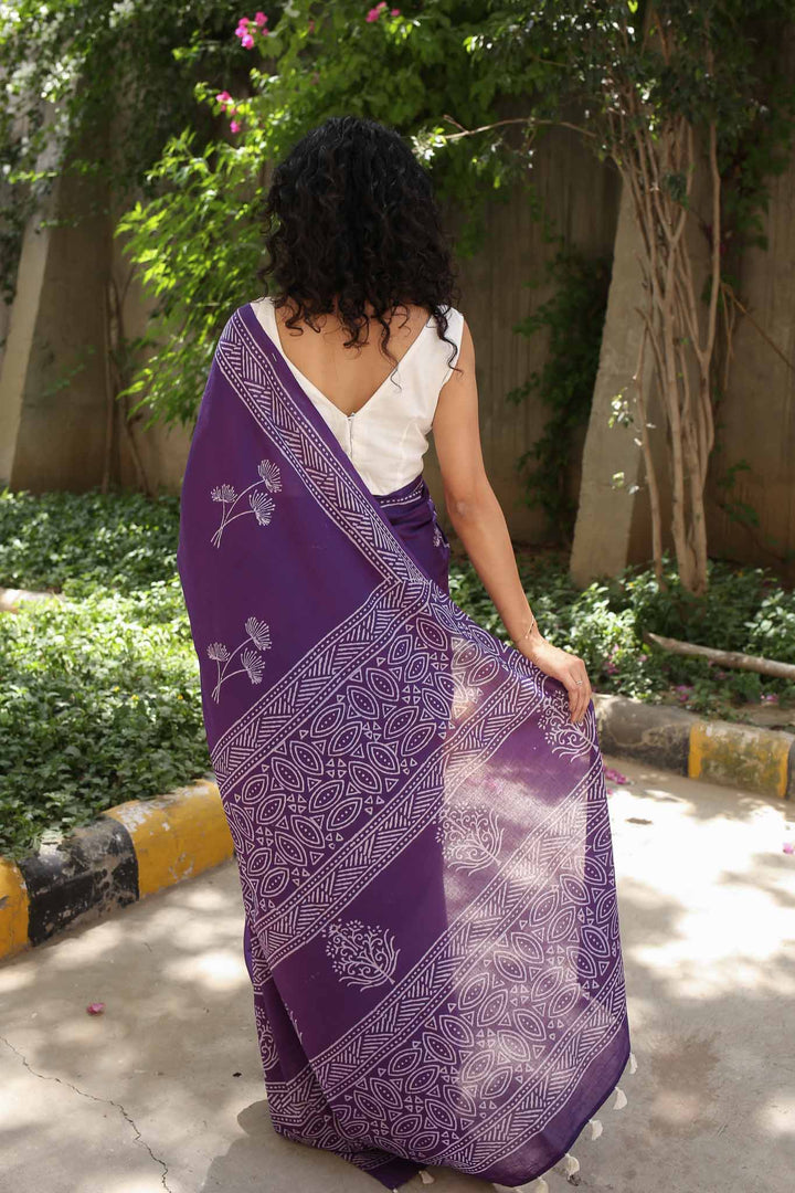 Feels like Purple Hand Block Print Mulmul Cotton Saree