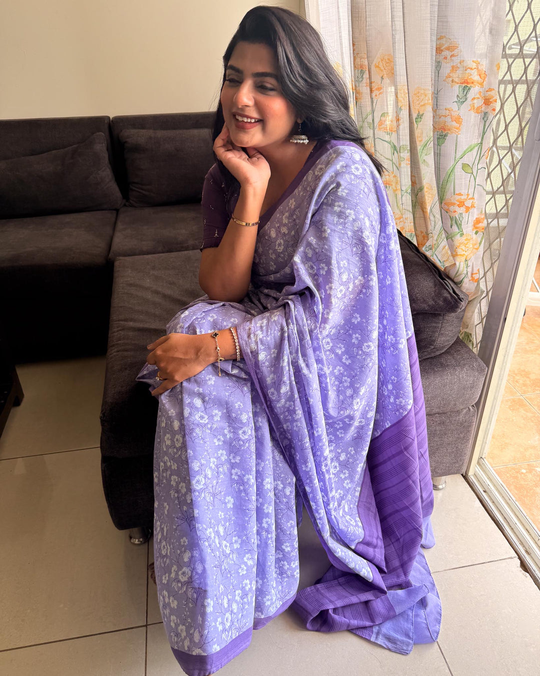 Lilac Skies Hand Block Print Mulmul Cotton Saree