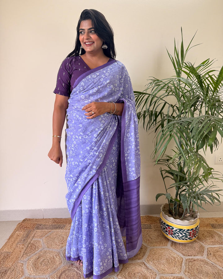 Lilac Skies Hand Block Print Mulmul Cotton Saree