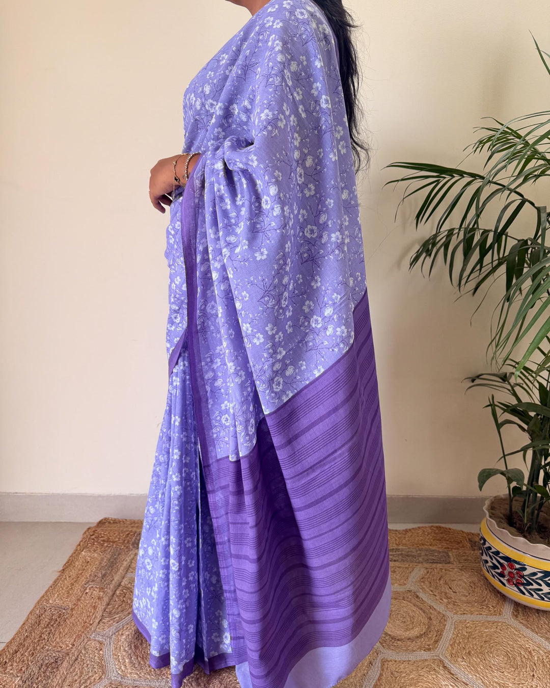 Lilac Skies Hand Block Print Mulmul Cotton Saree