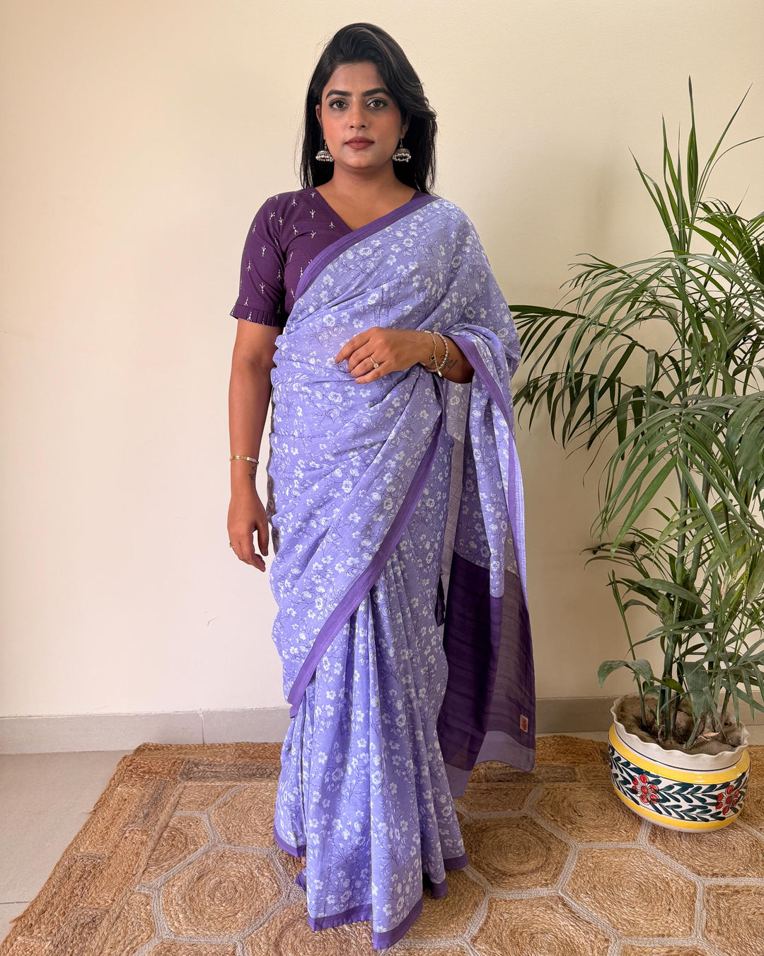 Lilac Skies Hand Block Print Mulmul Cotton Saree