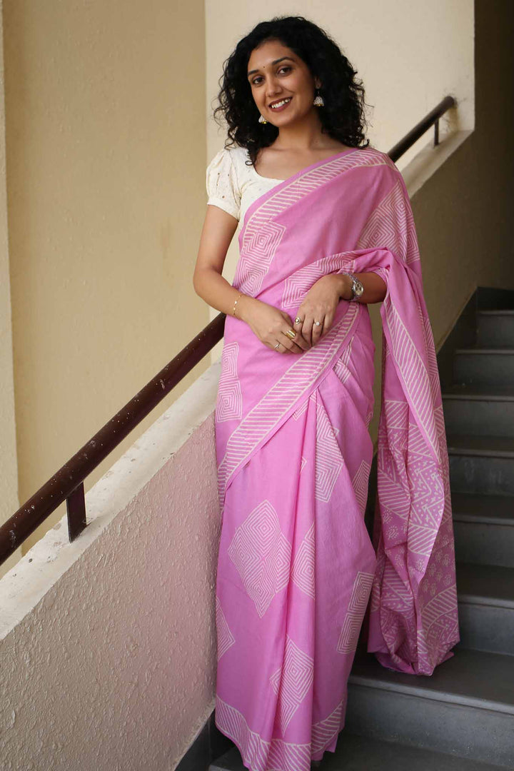 Just Pink Hand Block Print Mulmul Cotton Saree