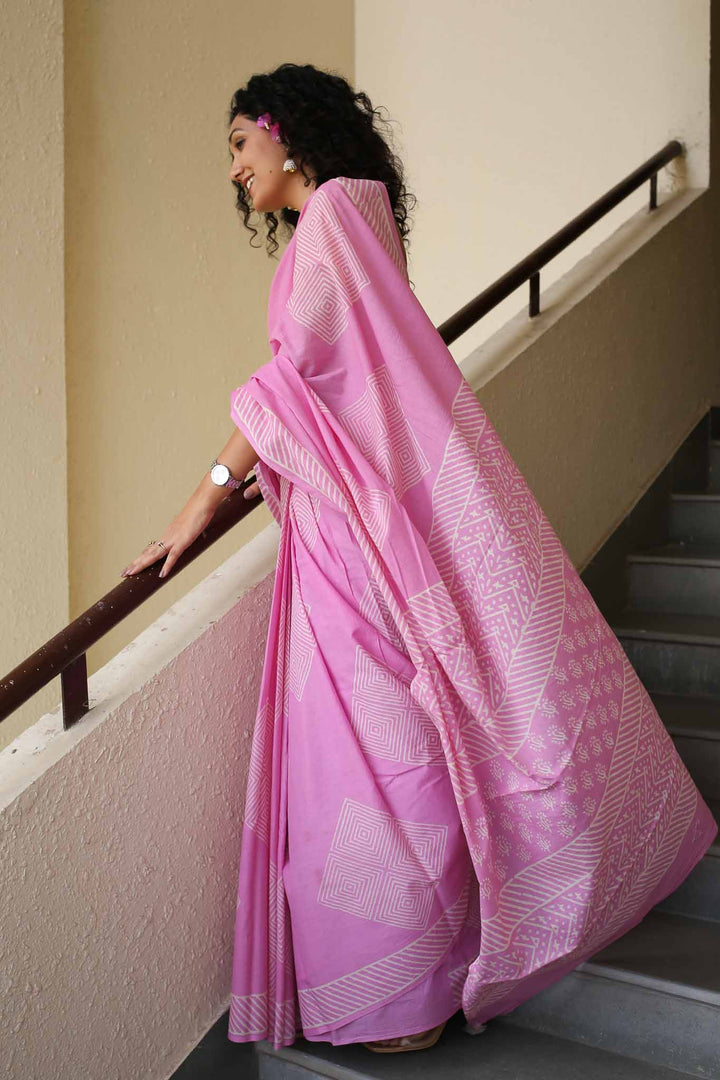 Just Pink Hand Block Print Mulmul Cotton Saree