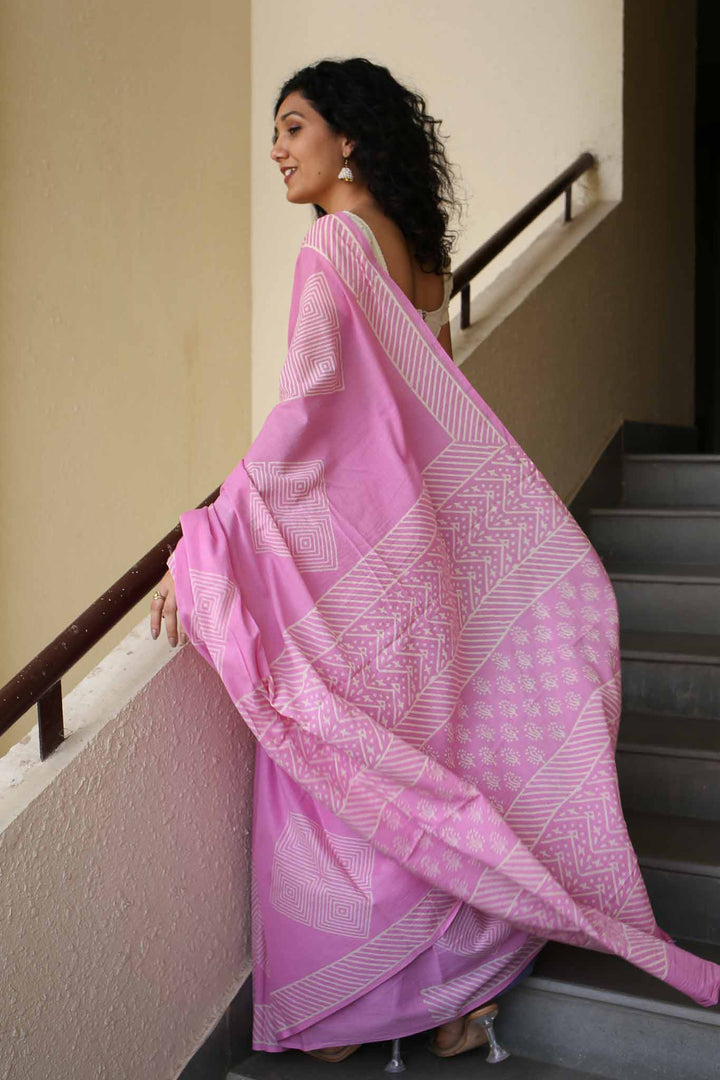 Just Pink Hand Block Print Mulmul Cotton Saree
