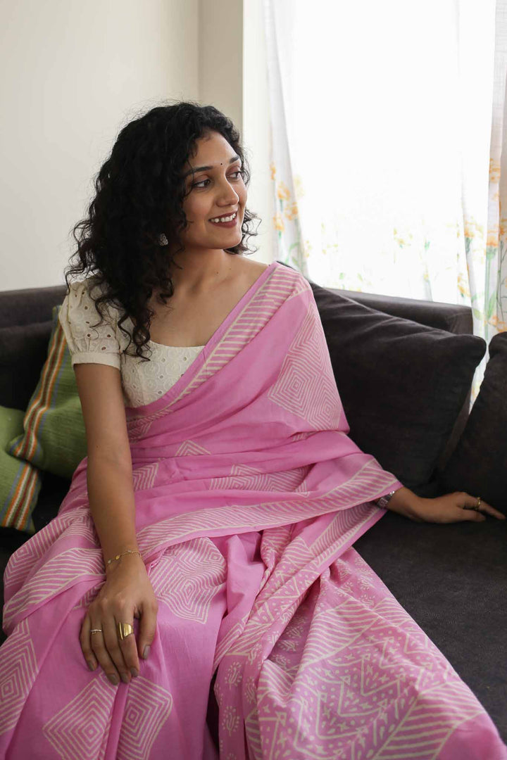 Just Pink Hand Block Print Mulmul Cotton Saree