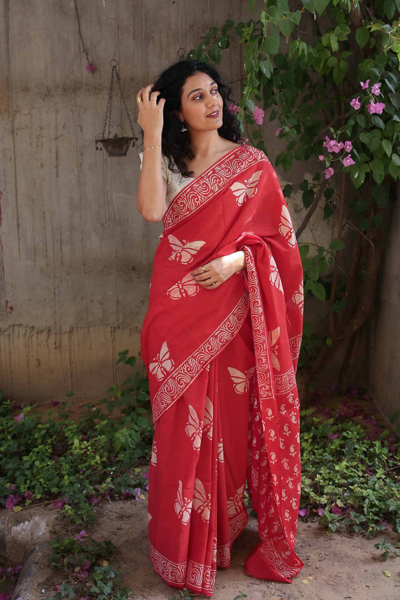 A Thousand Wings Hand Block Print Mulmul Cotton Saree