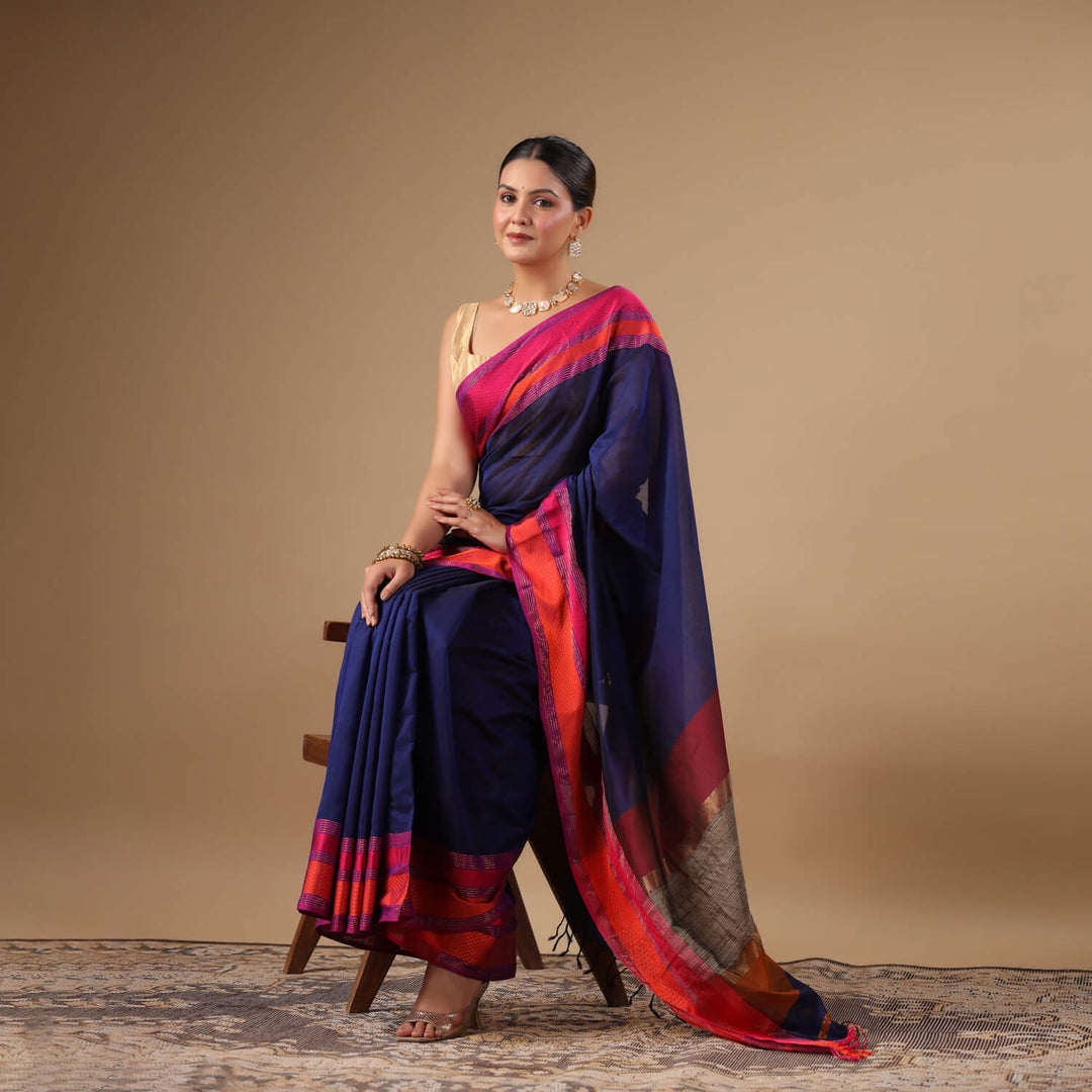 Nayanika - Blue Pure Silk Cotton Maheshwari Saree