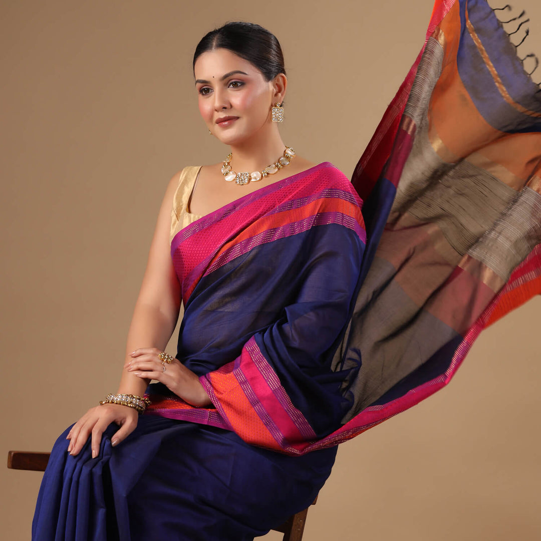 Nayanika - Blue Pure Silk Cotton Maheshwari Saree