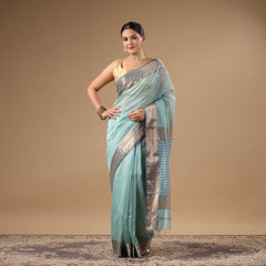 Meenakshi - Light Blue Pure Silk Cotton Maheshwari Saree