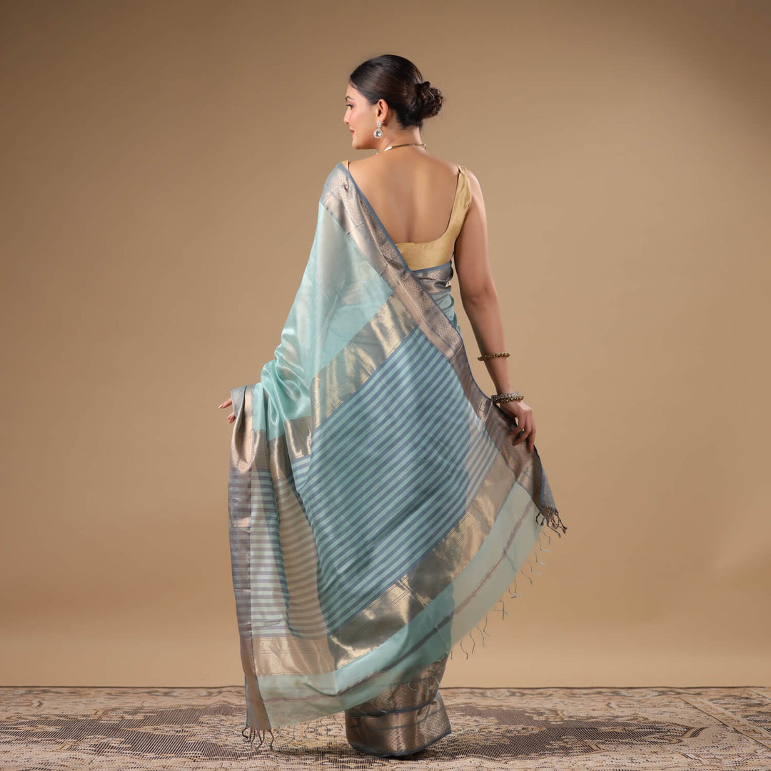 Meenakshi - Light Blue Pure Silk Cotton Maheshwari Saree