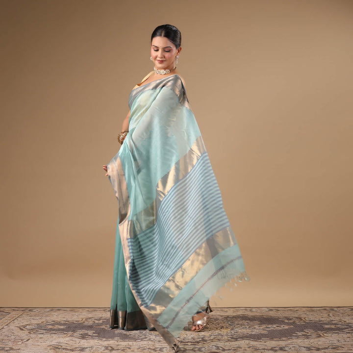 Meenakshi - Light Blue Pure Silk Cotton Maheshwari Saree