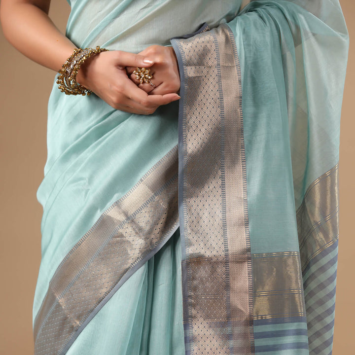 Meenakshi - Light Blue Pure Silk Cotton Maheshwari Saree