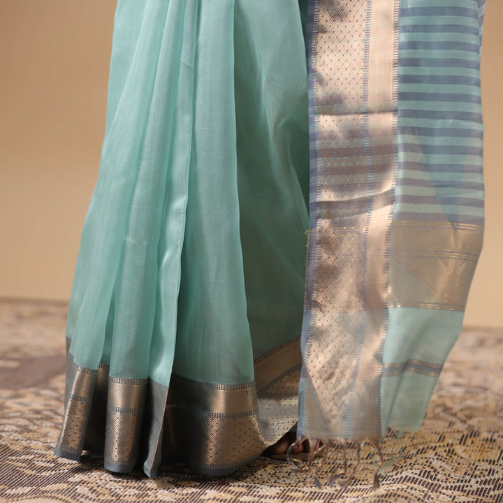 Meenakshi - Light Blue Pure Silk Cotton Maheshwari Saree