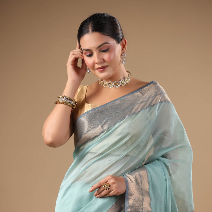 Meenakshi - Light Blue Pure Silk Cotton Maheshwari Saree