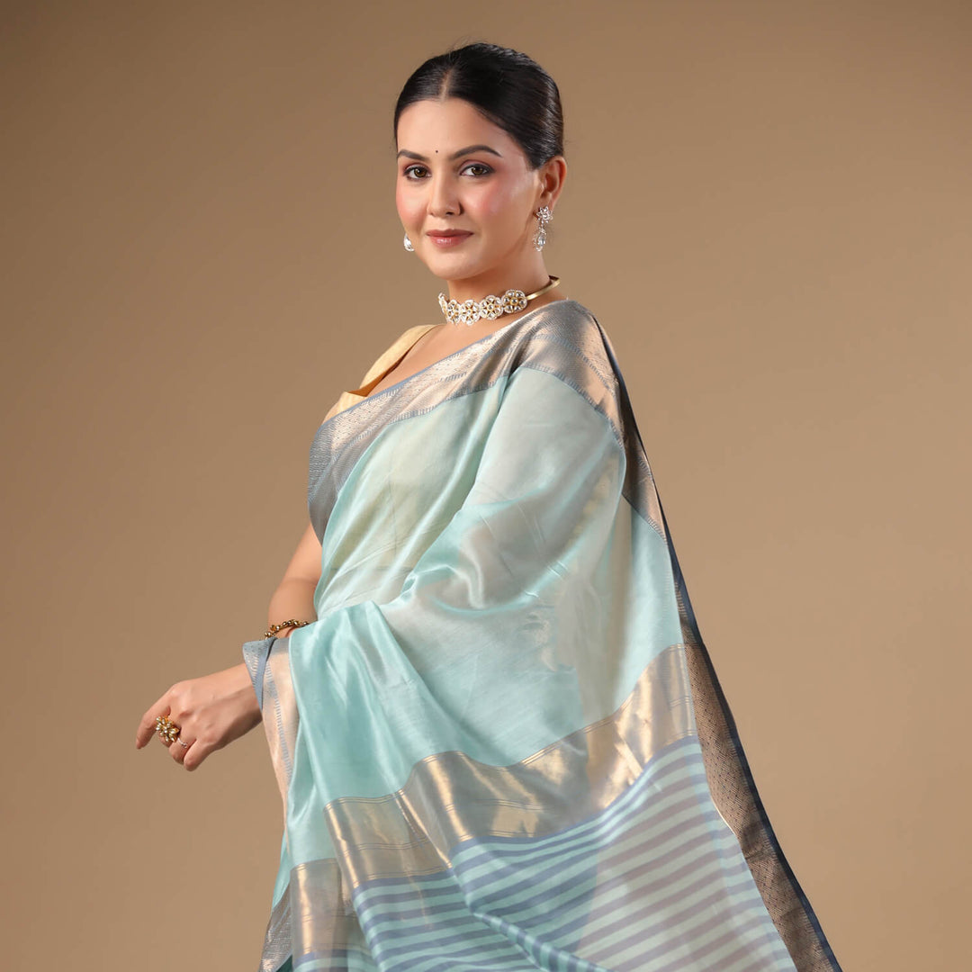 Meenakshi - Light Blue Pure Silk Cotton Maheshwari Saree