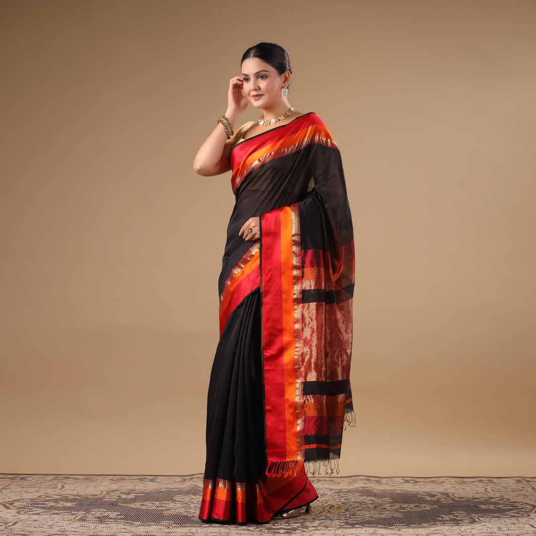 Chandrika - Black Pure Silk Cotton Maheshwari Saree