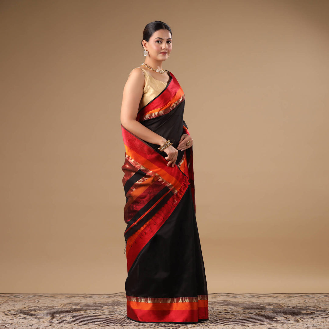 Chandrika - Black Pure Silk Cotton Maheshwari Saree